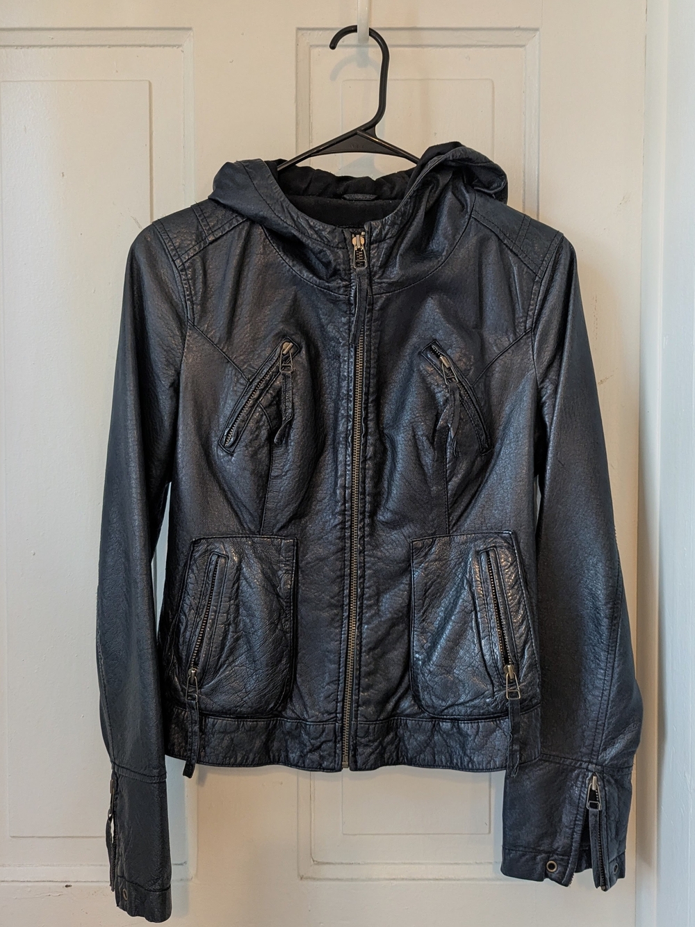 Only Black Hooded Faux Leather Zip Jacket